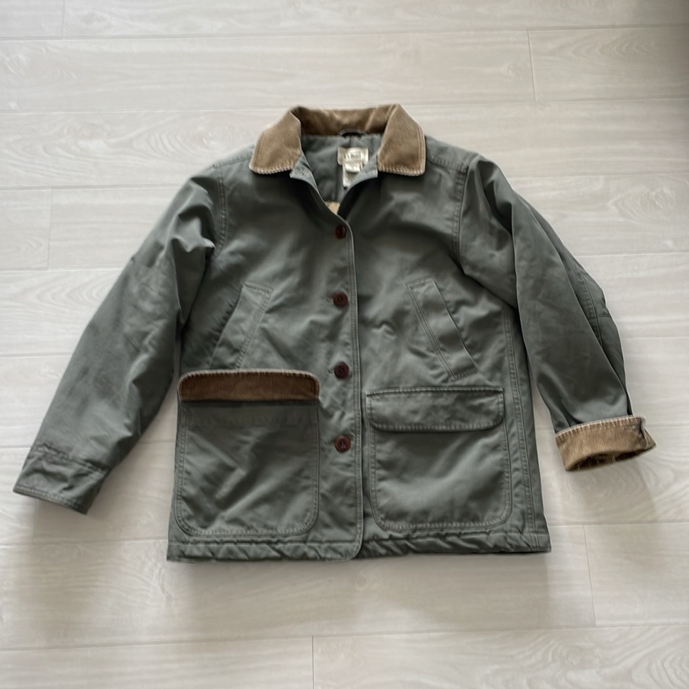 LL Bean Olive Green Thinsulate Lined Coat w/ Tan Corduroy Trim